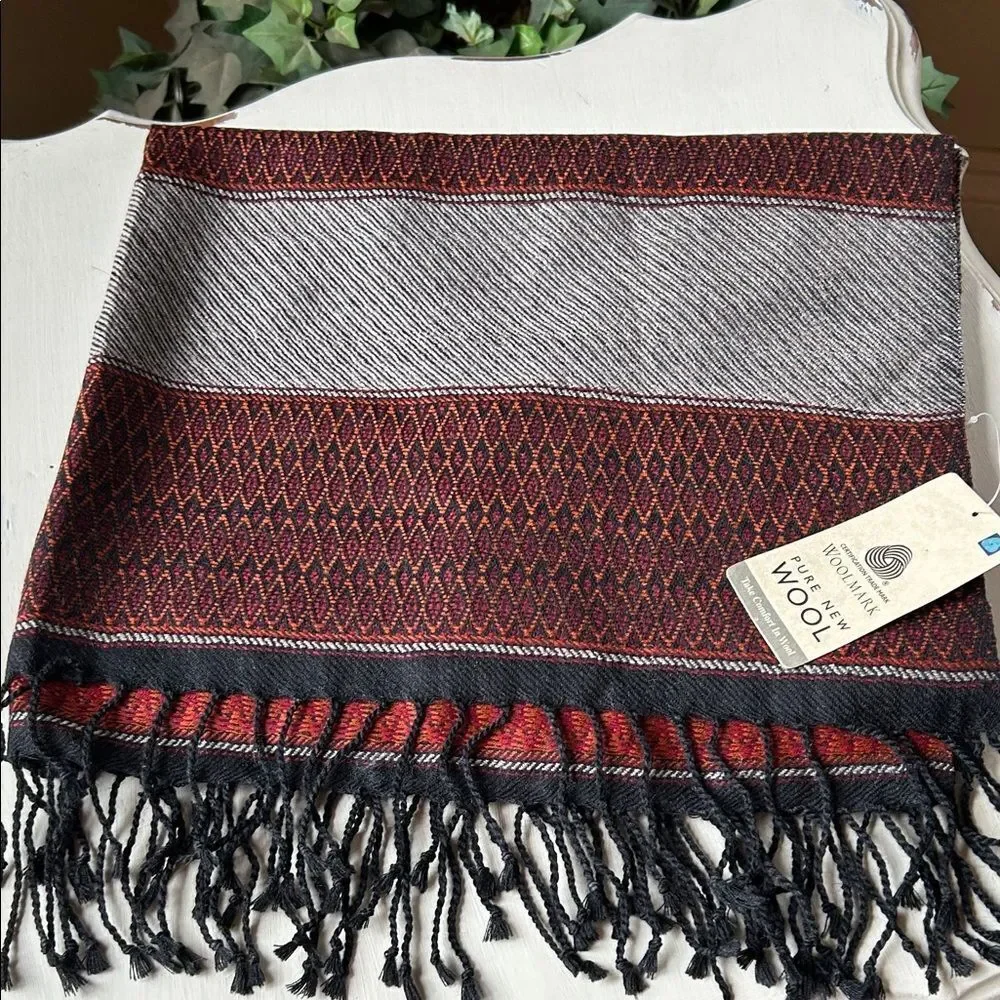 Westside Red and Black 100% Wool Scarf with Fringe NWT